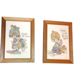 Framed Precious Moments Cross Stitch Art 1980s
